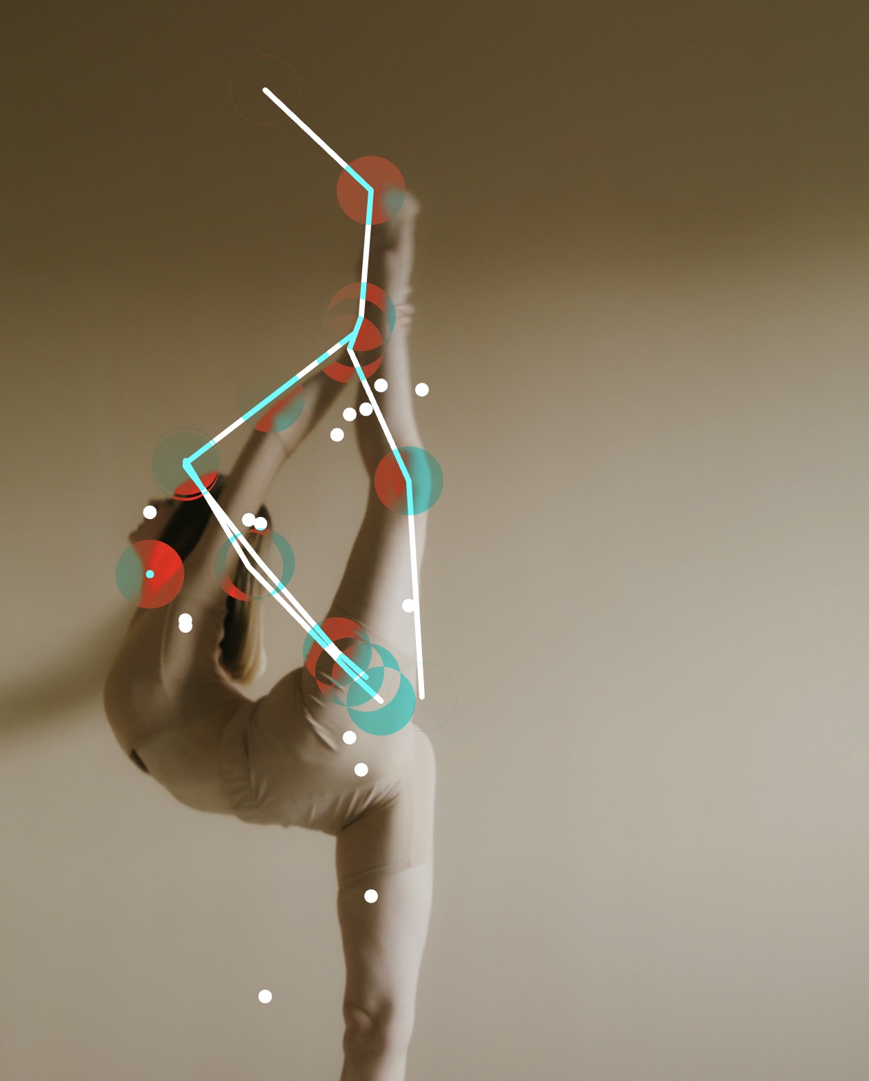 Multiplied red and green tracking points on ballerina dancer