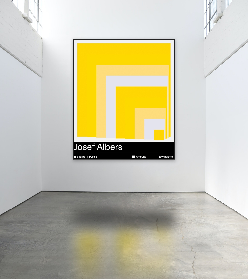 Josef Albers design generator. Colorful LED screens on a museum wall.