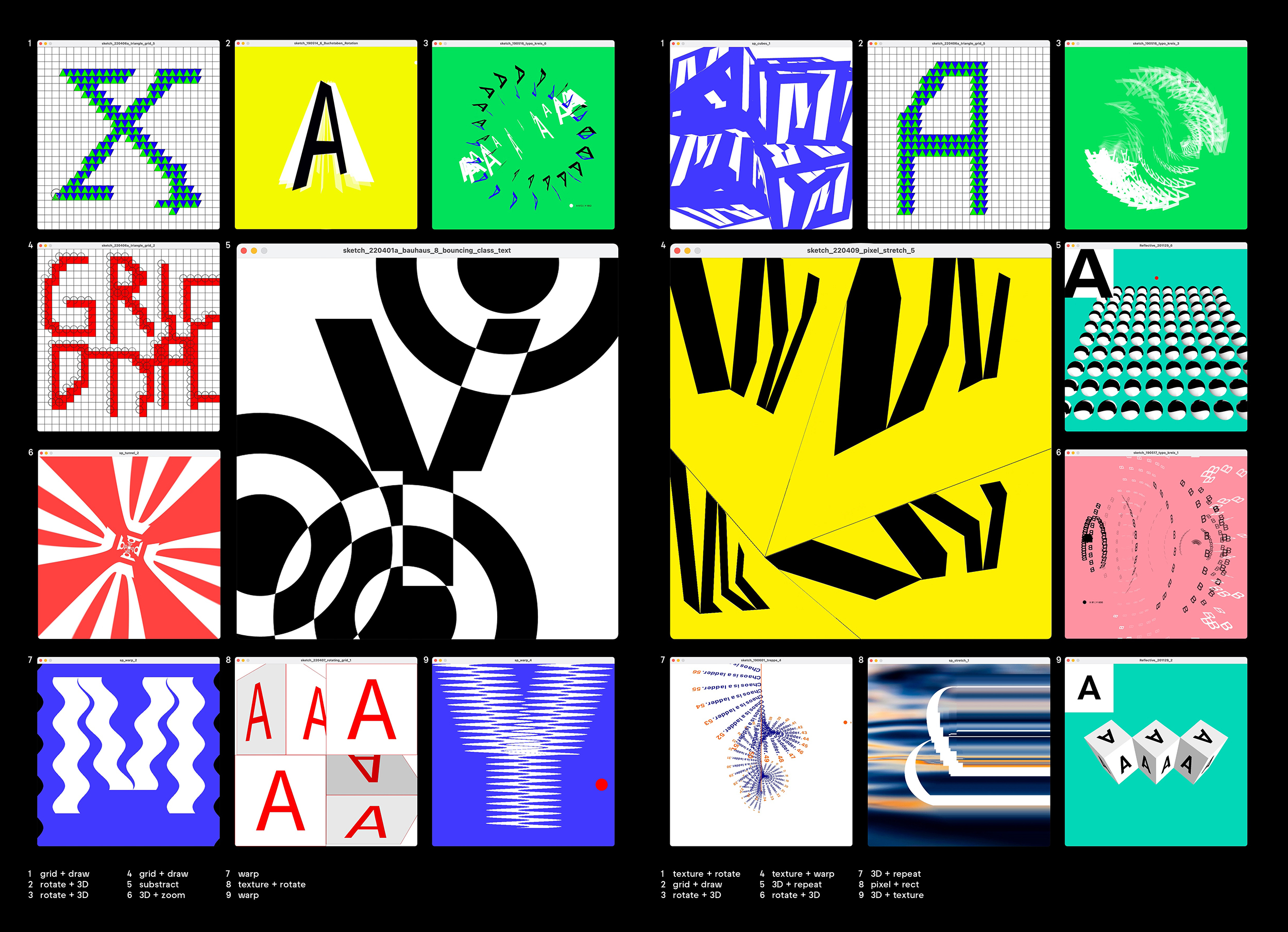 Spread page of colorful typographic generative motion experiments coded in Processing.