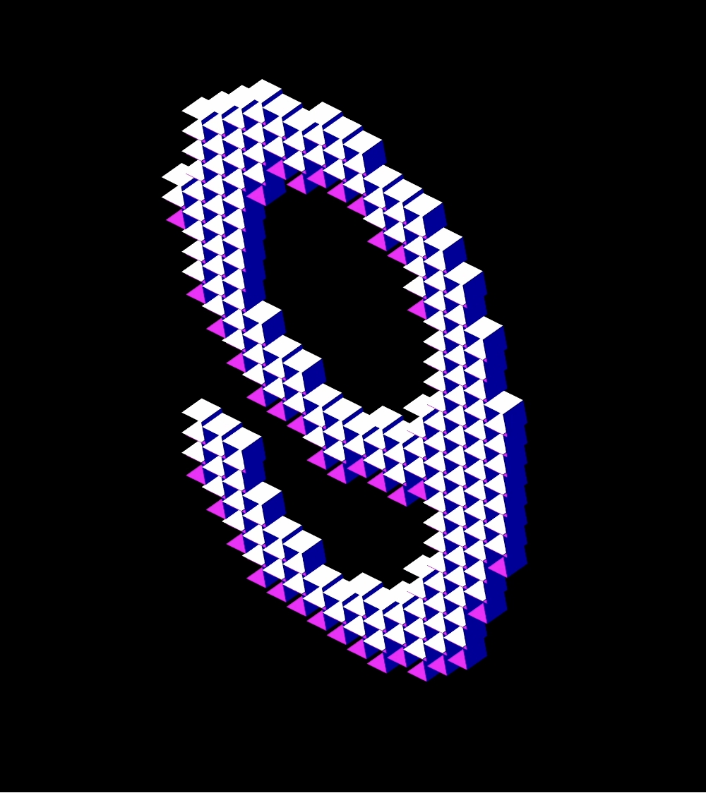 numeral 9 on black ground transformed into a matrix of white pink and blue rotating triangles as a creative coding exploration in p5.js