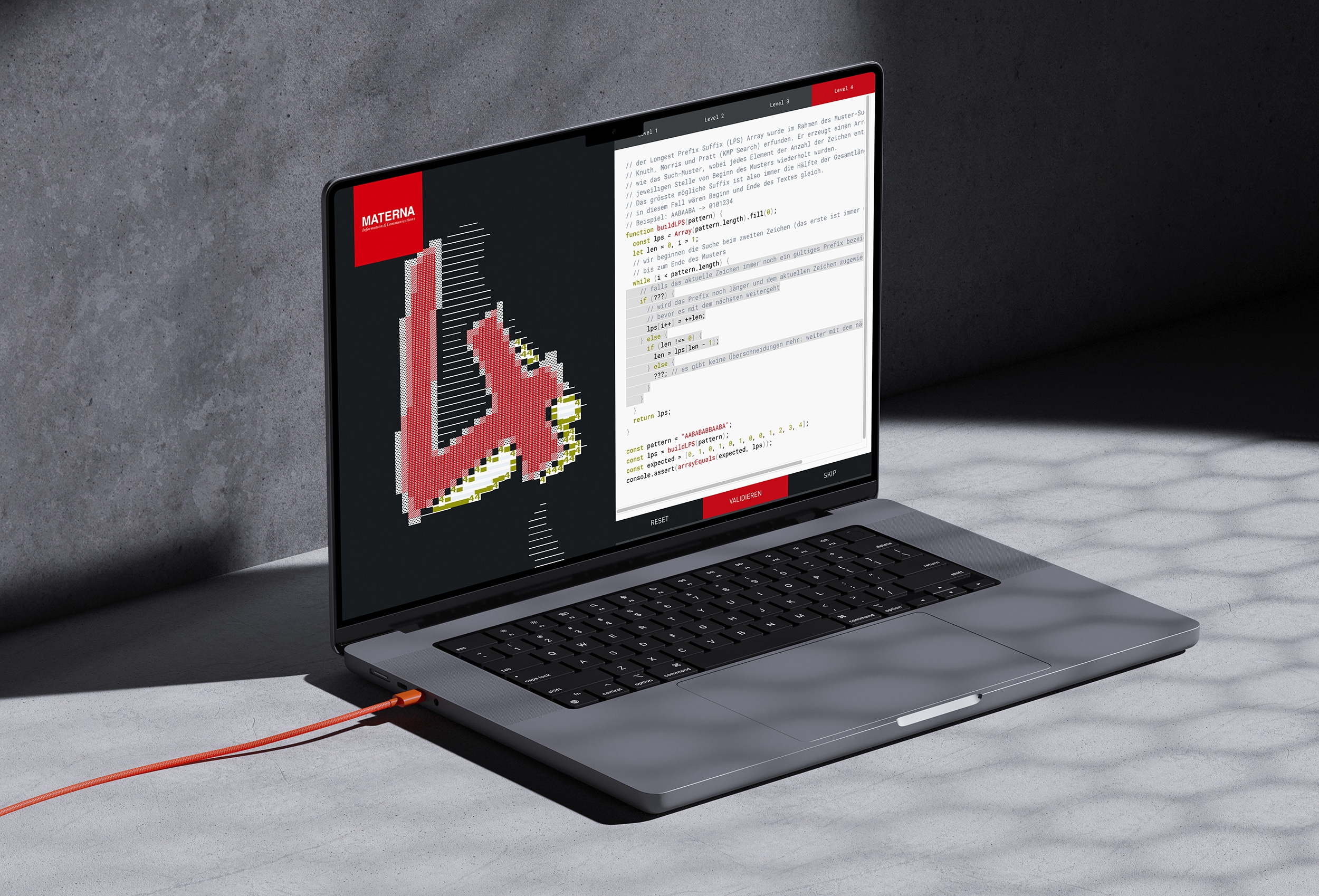 Creative coding application for Materna with Meire and Meire. A visual ascii generator translates the code into text images.