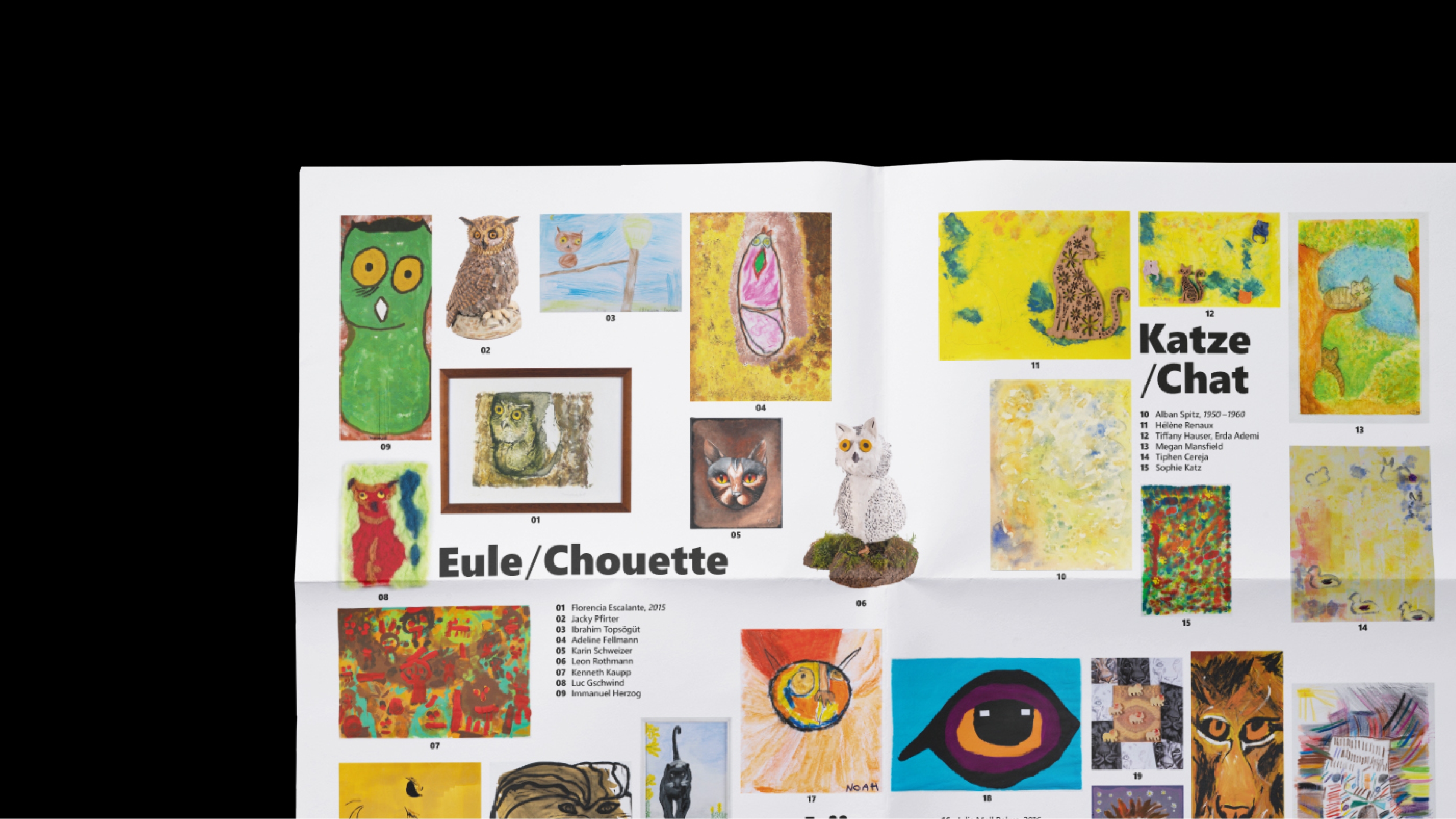 Poster detail view with painted owls and cats