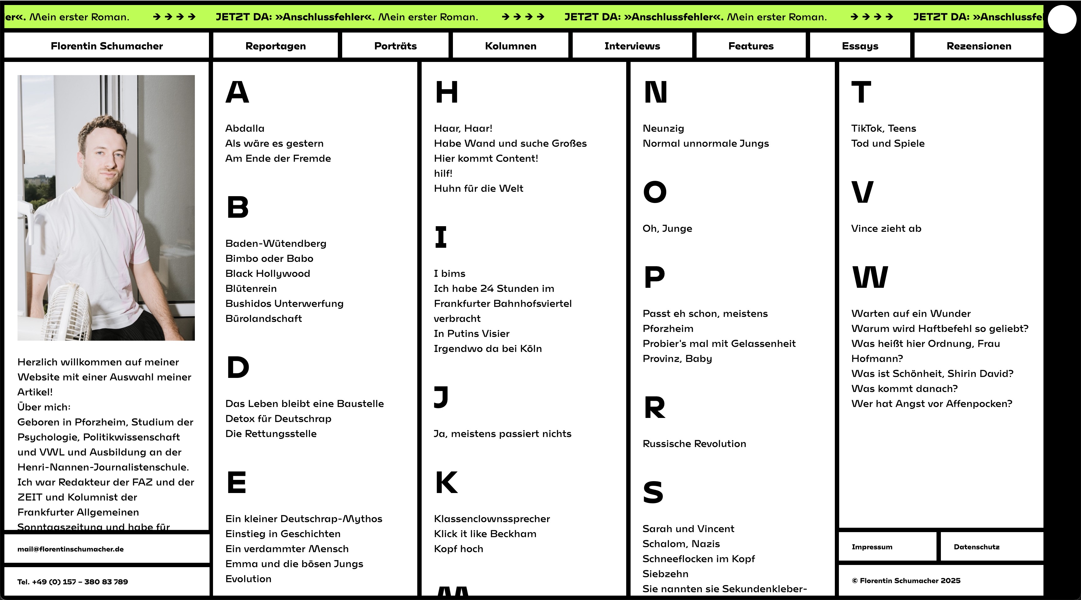 Website for Florentin Schumacher. A typographic letter index lists all articles on the landingpage in a black and white grid view.