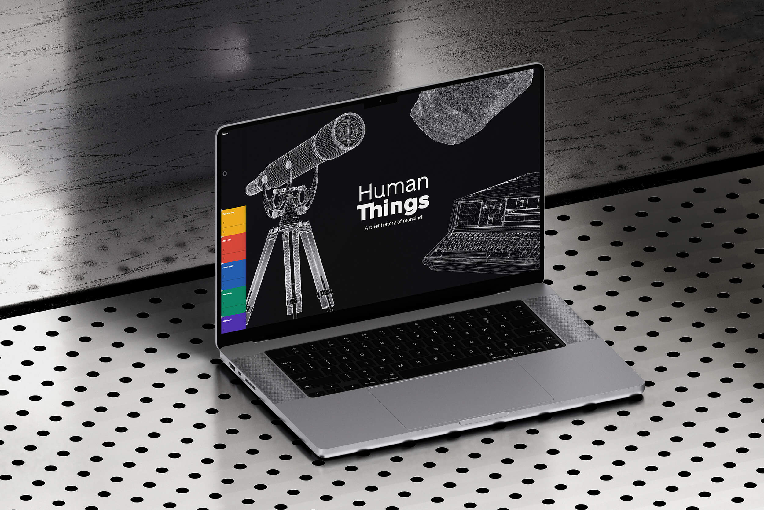 Human things landingpage showcasing a telescope, a stone tool and an early computer (design by Nahuel Gerth)