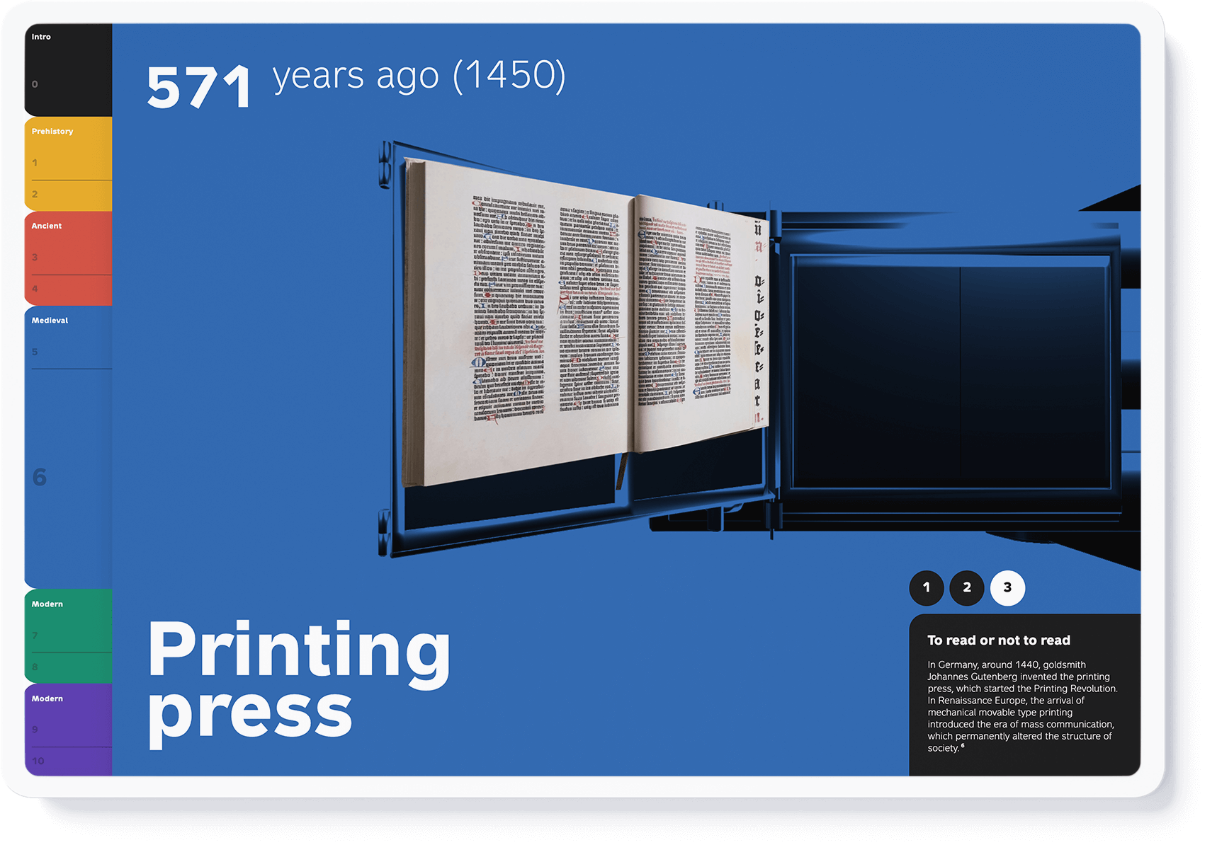 Interactive 3D model of a medieval printing press on blue ground (design by Nahuel Gerth)