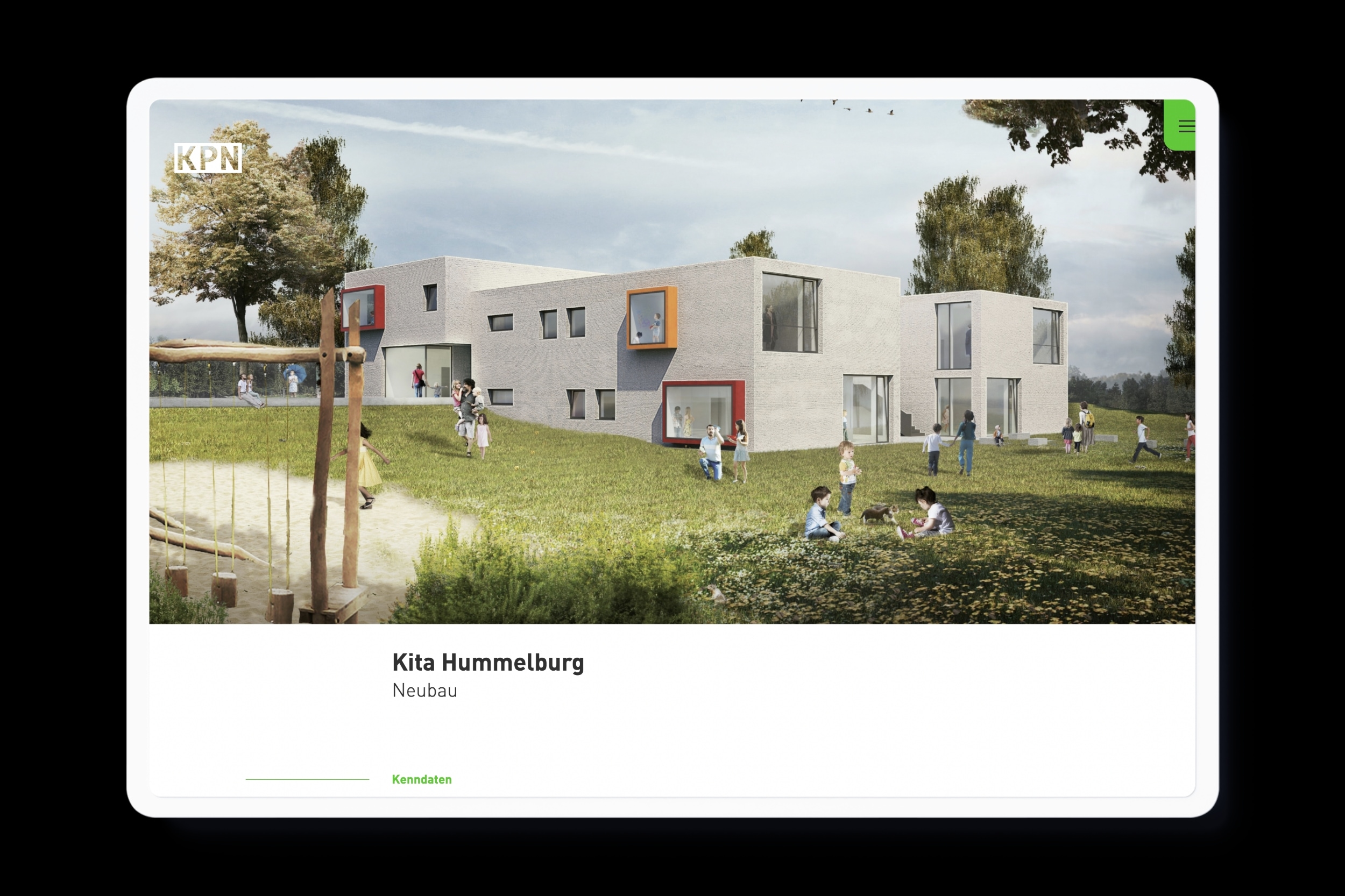 Website for KPN Architekten BDA in Braunschweig with clean typography, a design grid and lightning green color accents.