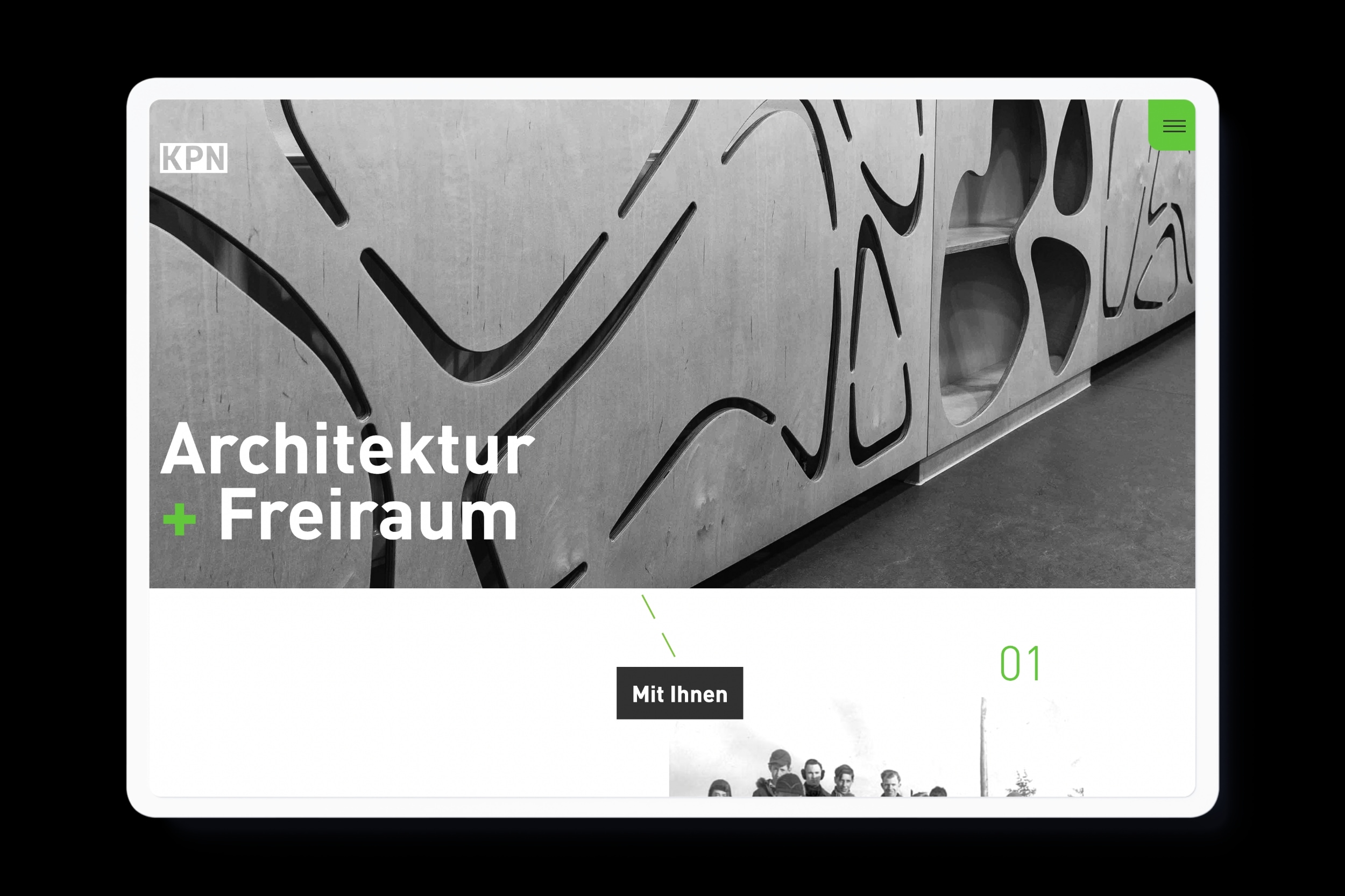 Website for KPN Architekten BDA in Braunschweig with clean typography, a design grid and lightning green color accents.
