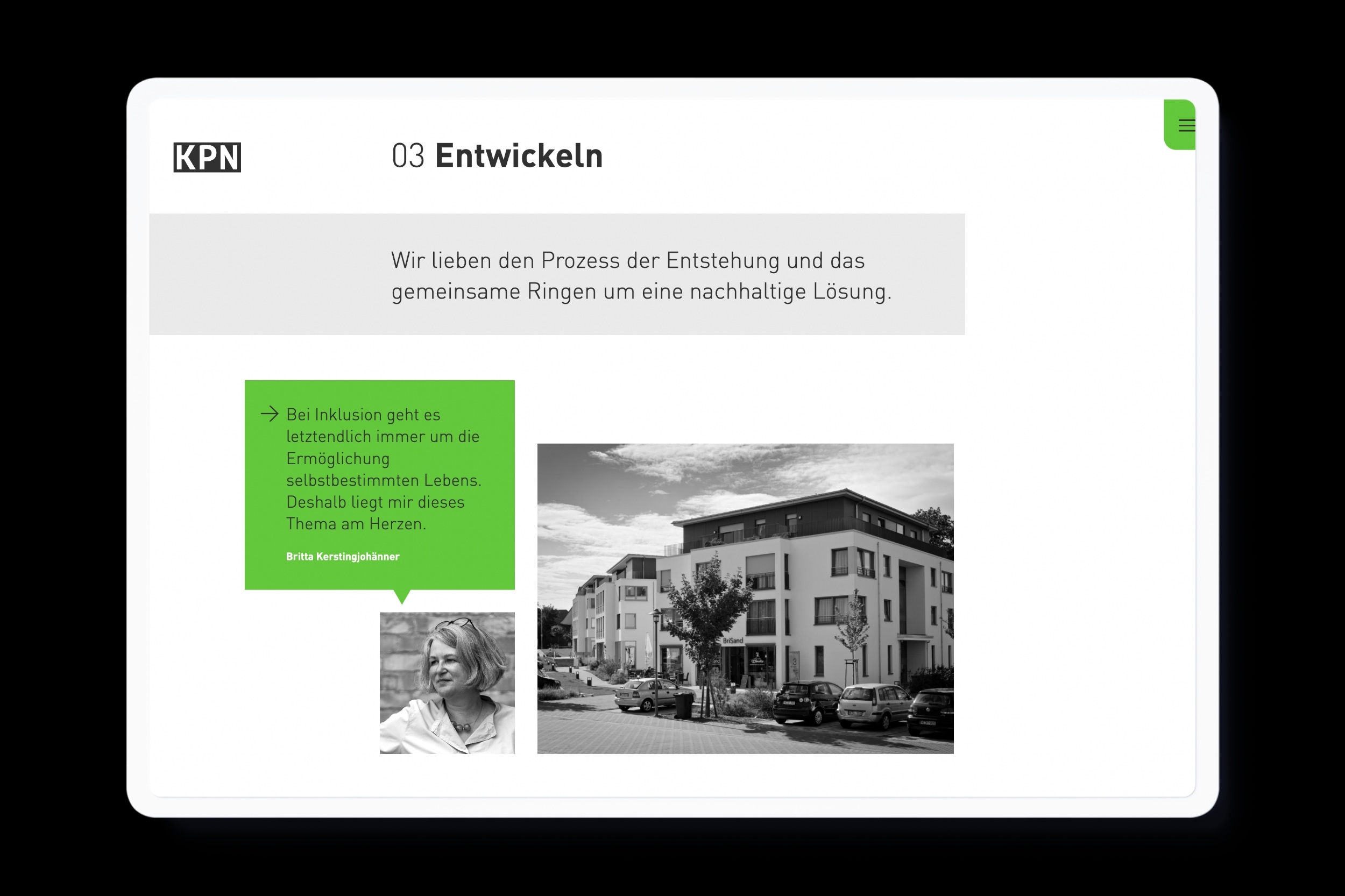 Website for KPN Architekten BDA in Braunschweig with clean typography, a design grid and lightning green color accents.