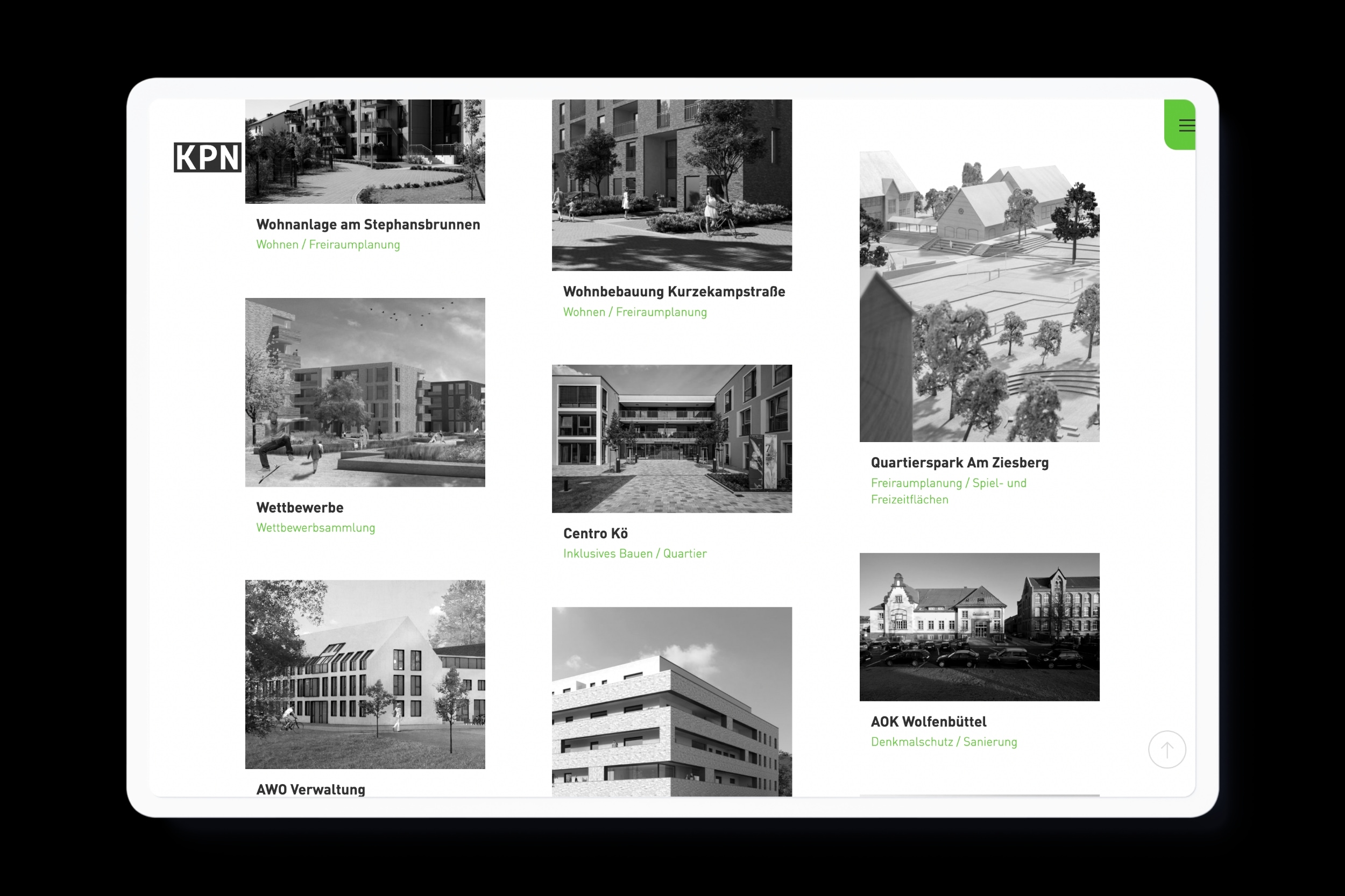 Website for KPN Architekten BDA in Braunschweig with clean typography, a design grid and lightning green color accents.