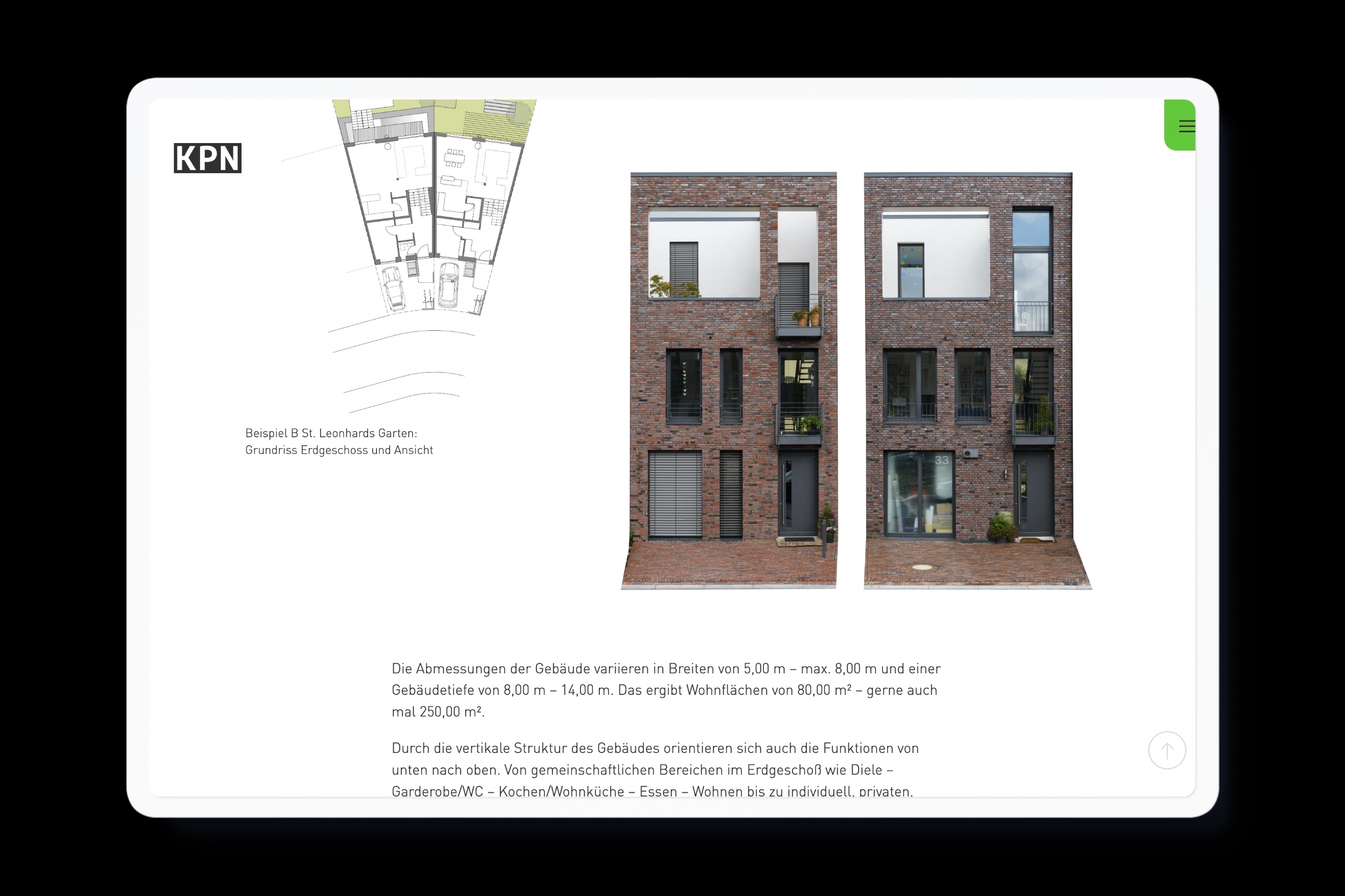 Website for KPN Architekten BDA in Braunschweig with clean typography, a design grid and lightning green color accents.