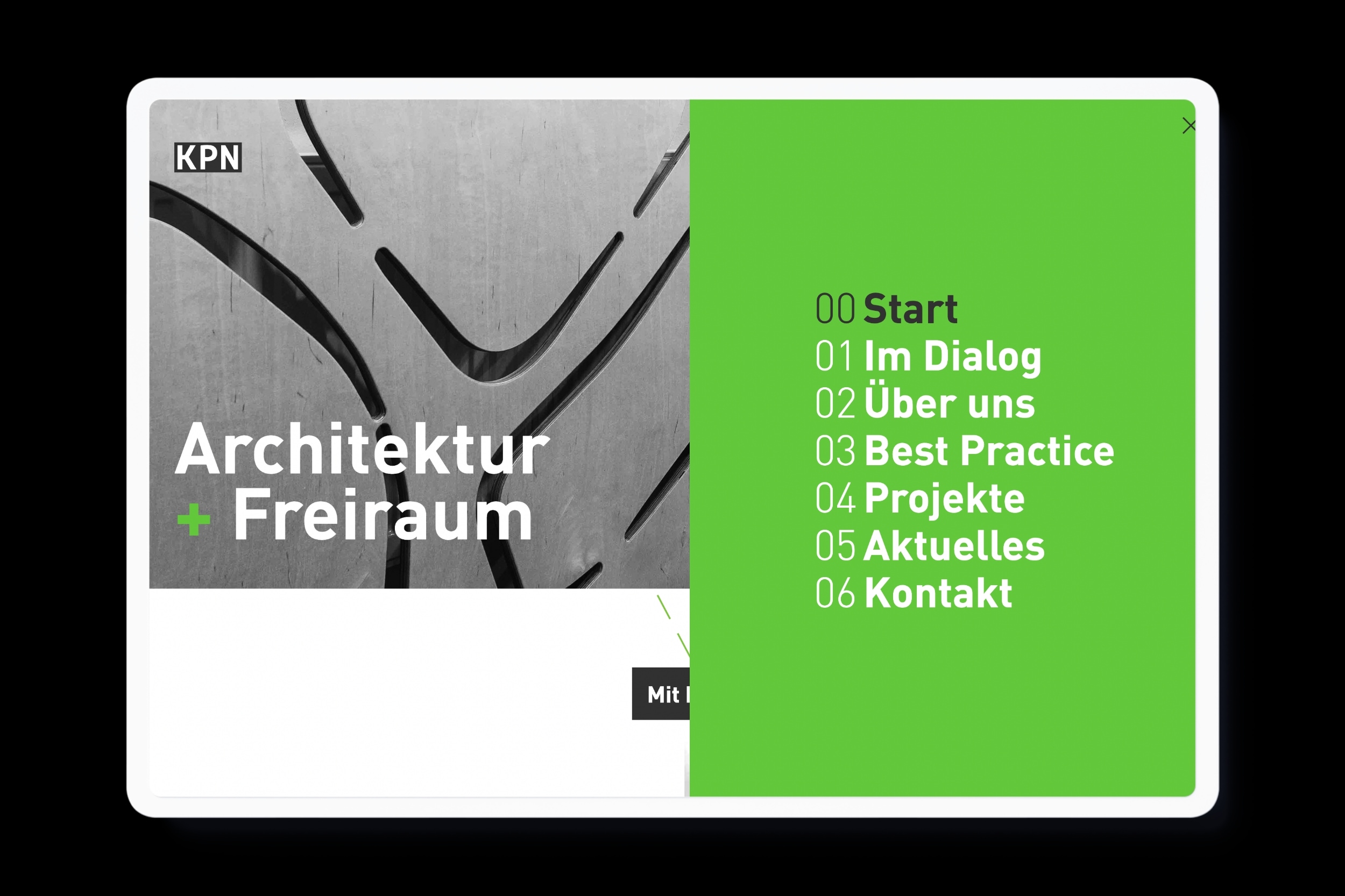 Website for KPN Architekten BDA in Braunschweig with clean typography, a design grid and lightning green color accents.