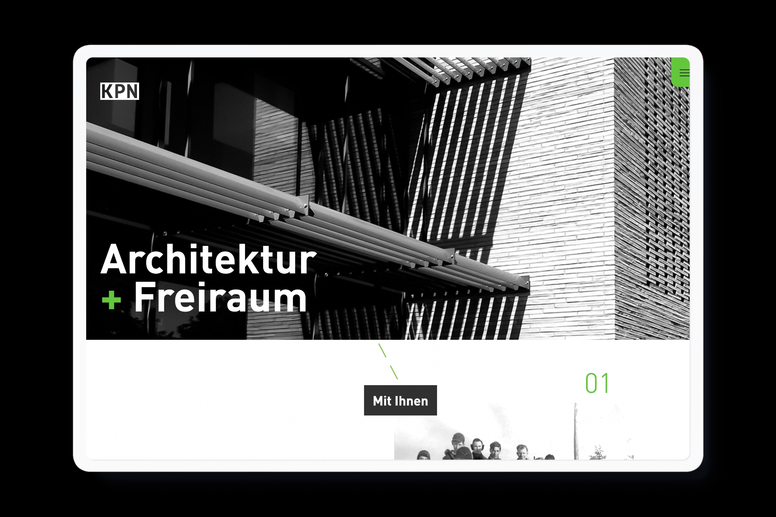 Website for KPN Architekten BDA in Braunschweig with clean typography, a design grid and lightning green color accents.